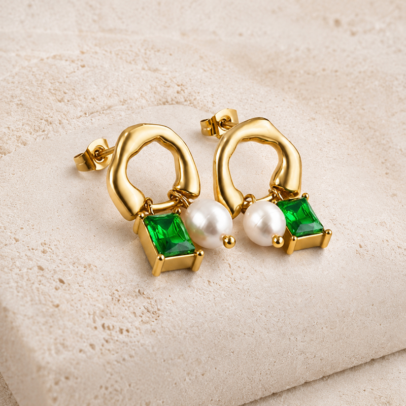 Emerald Pearl Gold Earrings