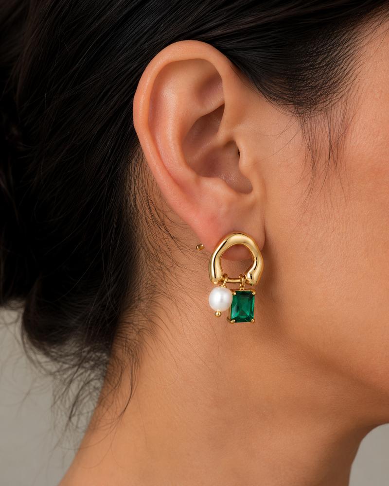 Emerald Pearl Gold Earrings