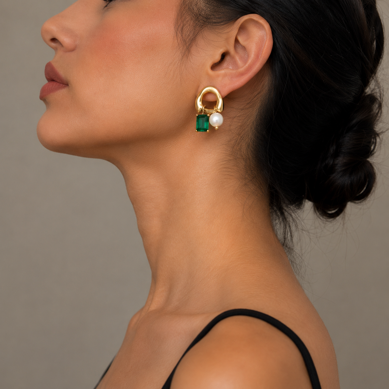 Emerald Pearl Gold Earrings