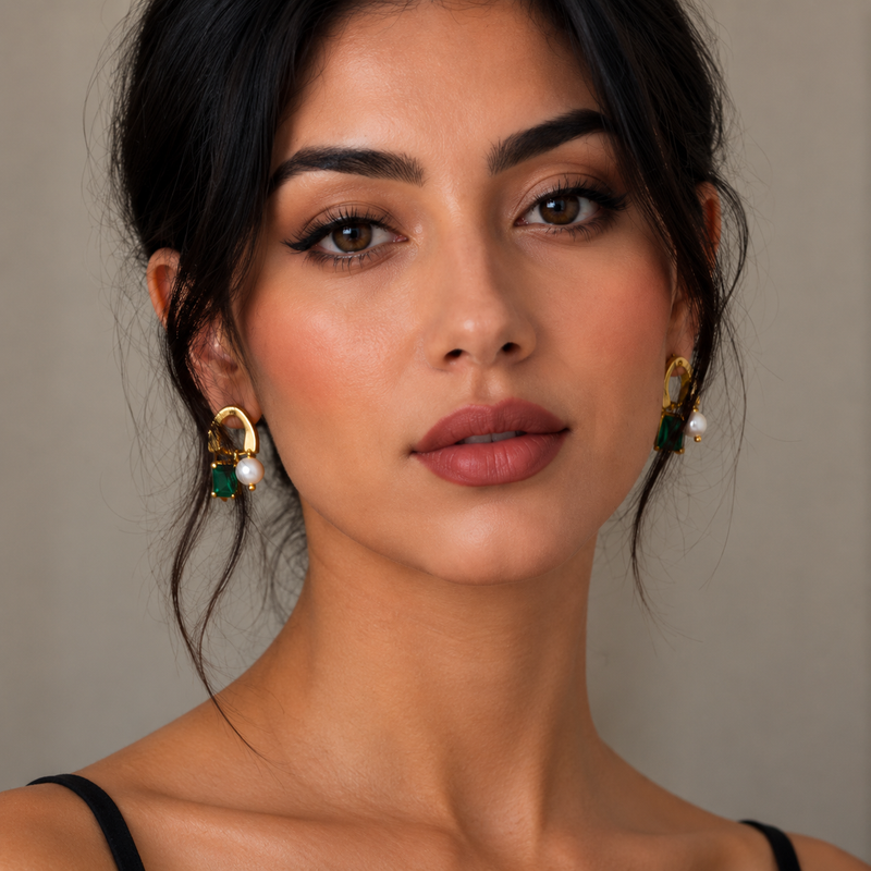 Emerald Pearl Gold Earrings